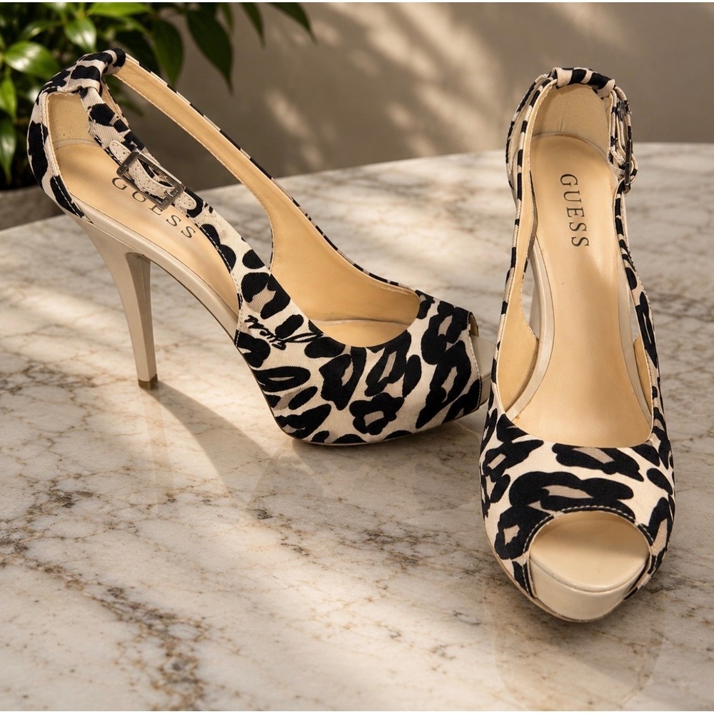 GUESS Hondo 4 Leopard Print Platform Pumps Peep Toe Heels Slingback Women Size 8